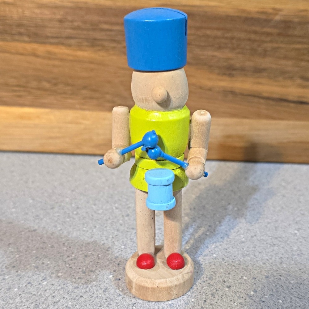 Wooden Painted Drummer Soldier Figurine Blue Hat Green Coat w/ Blue Bucket 4 in